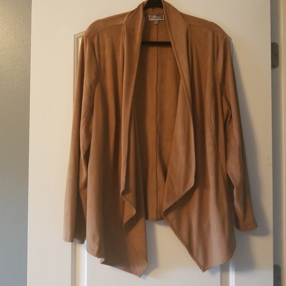 Tan faux suede drape front jacket